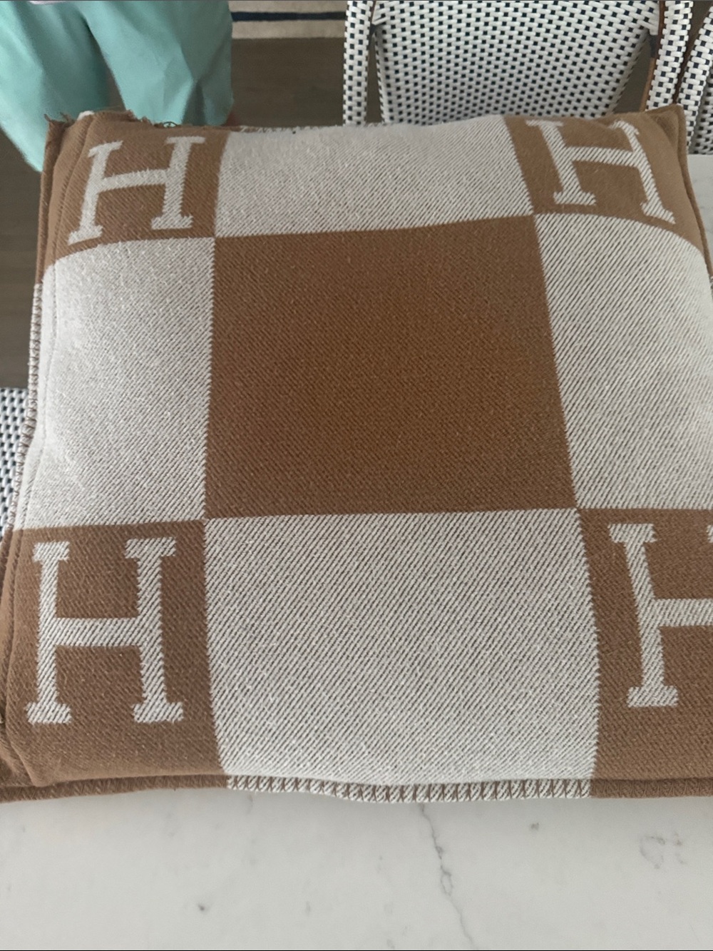 Hermes Brown and Cream Checkered H Accent Pillow